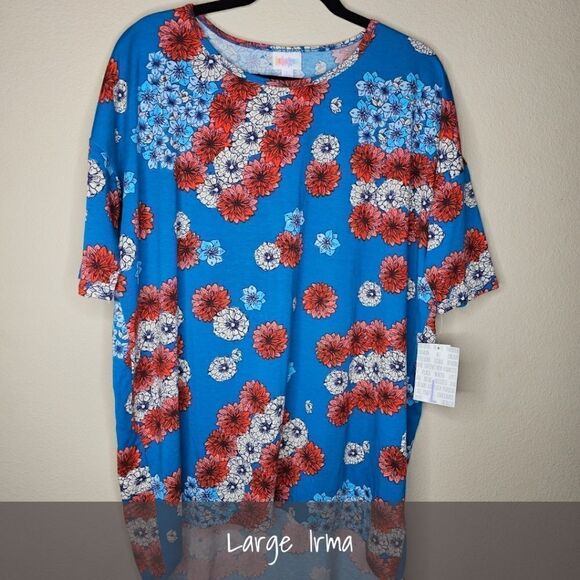 LuLaRoe Irma Tunic Large Americana Floral Flags NEW - Picture 1 of 1